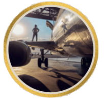 Pilot standing on the wing of an aeroplane in an airport hanger, looking out to the sunny horizon