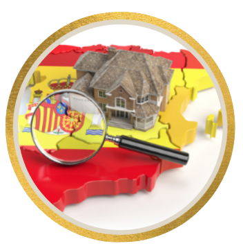 Map of Spain in the Spanish flag colours of Red and Yellow with a house a magnifying glass sitting on top 
